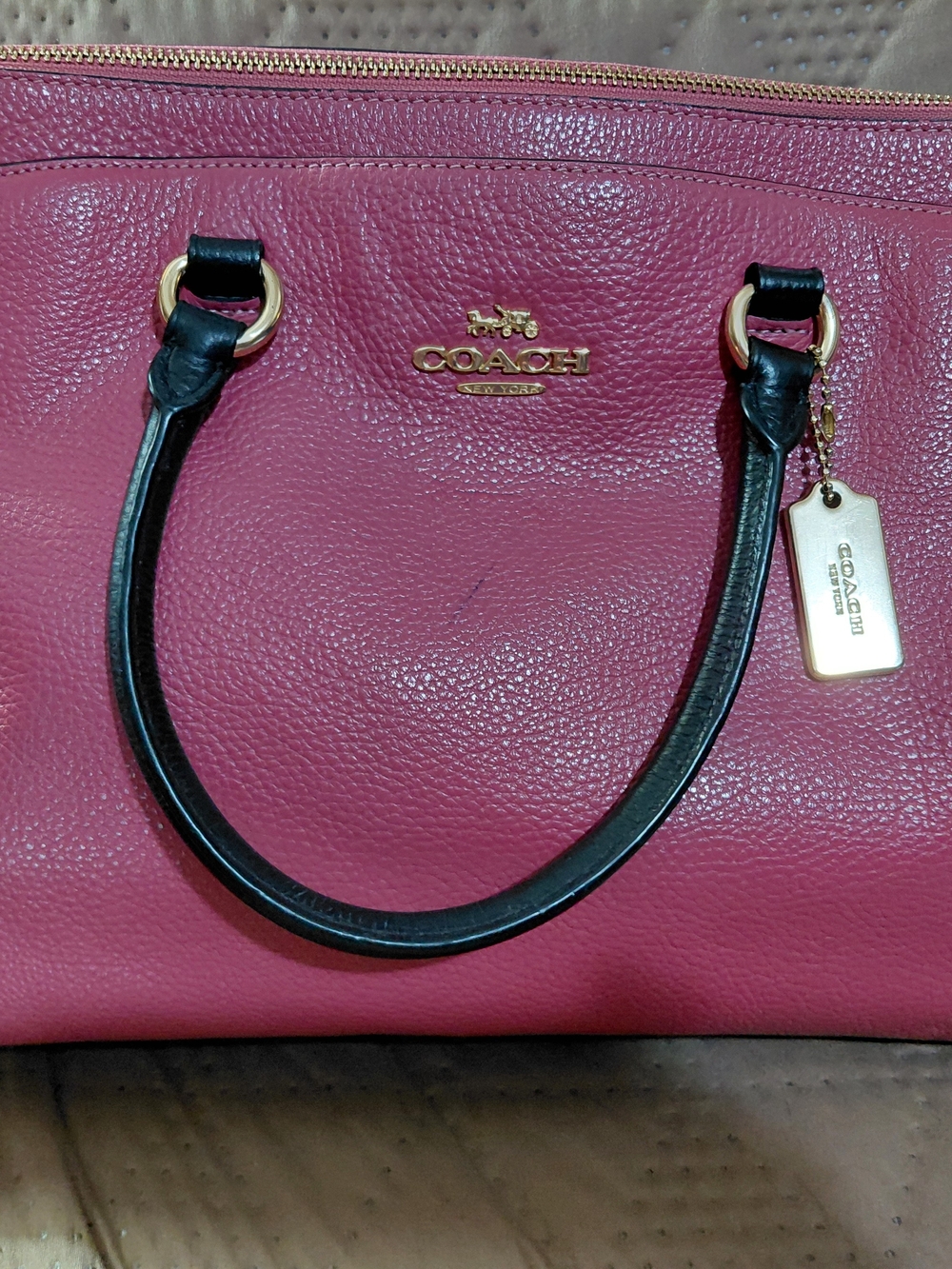 Coach Pebbled Leather Shoulder Tote in Mauve with Black Handles